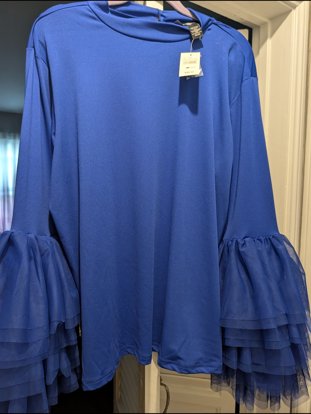 Ashley Stewart Royal Blue Layered Tulle Bell Sleeve Top
